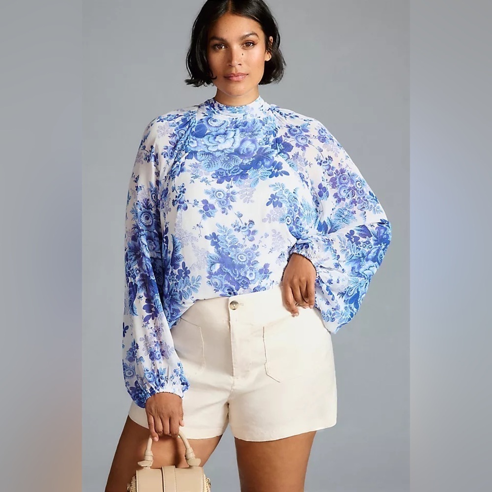 Anthropologie XLP XL petite flowy tunic blouse tie back blue white floral top